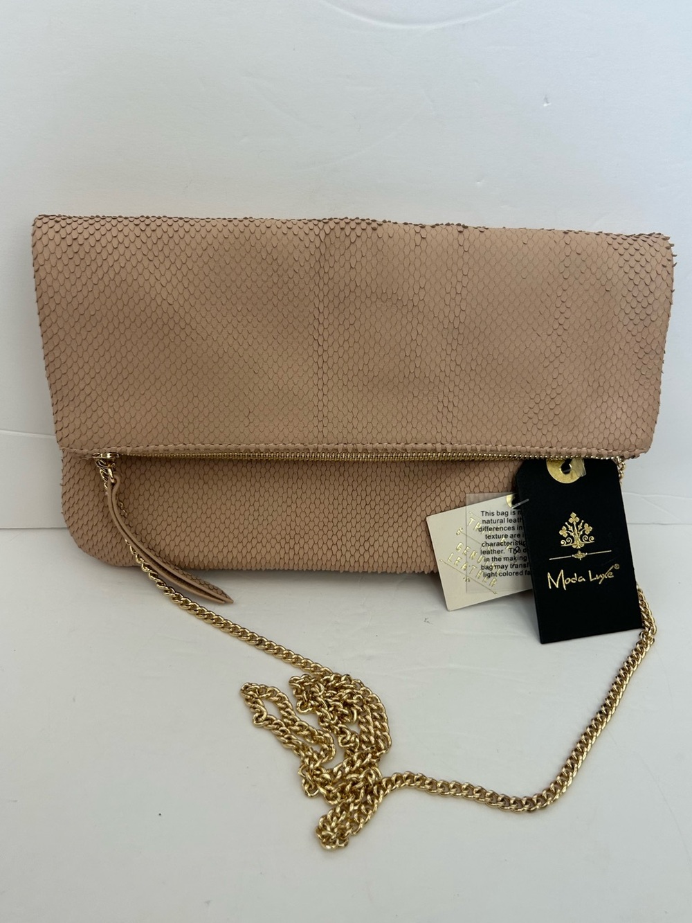 Moda Luxe Leather Foldover Clutch Crossbody Blush Pink Snakeskin Embossed